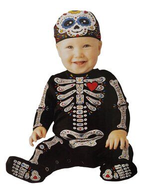 Infant 6-12 Mo Sugar Skull Halloween Costume Jumpsuit and Cap Dia De Los Muertos
